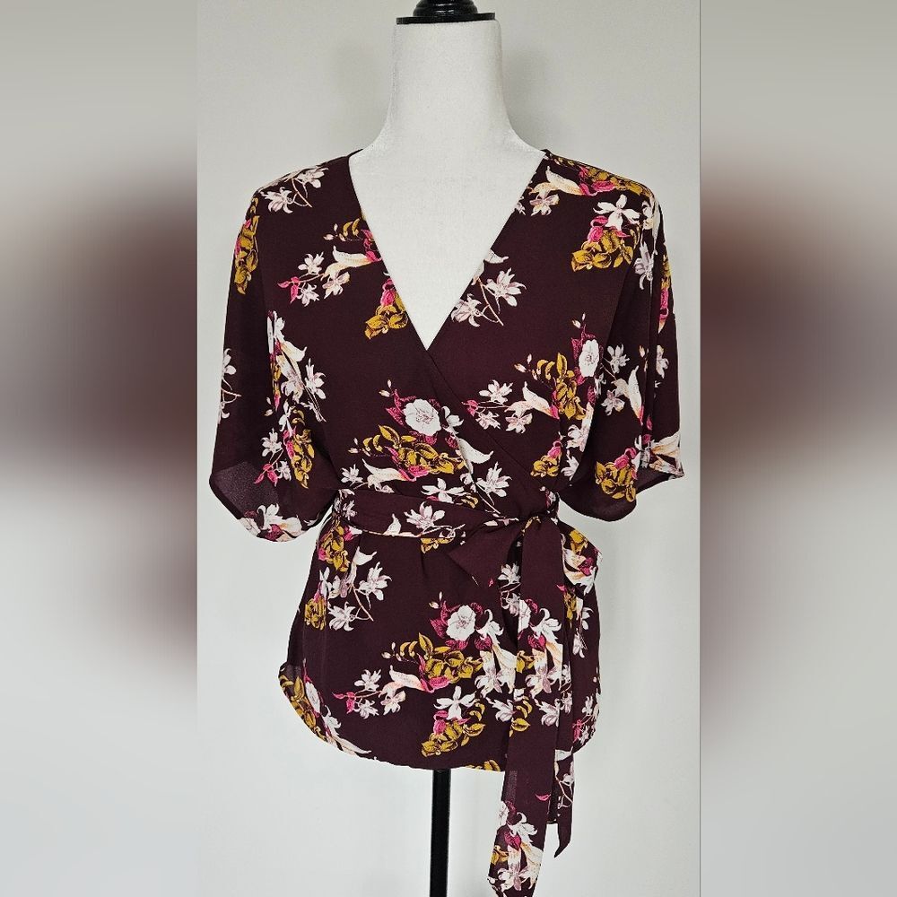 Chelsea28 Floral Wrap Blouse - Burgundy and Pink
